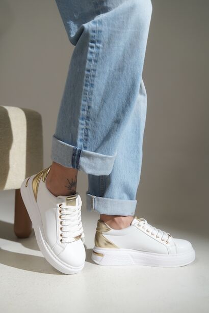 Bağcıklı Kalın Taban Kadın Sneaker  BEYAZ ALTIN