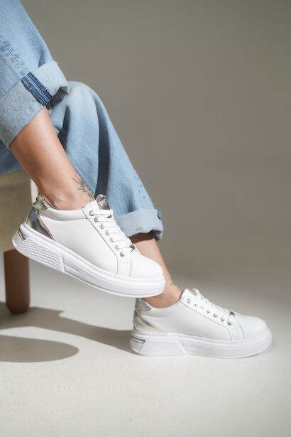 Bağcıklı Kalın Taban Kadın Sneaker  BEYAZ GÜMÜŞ