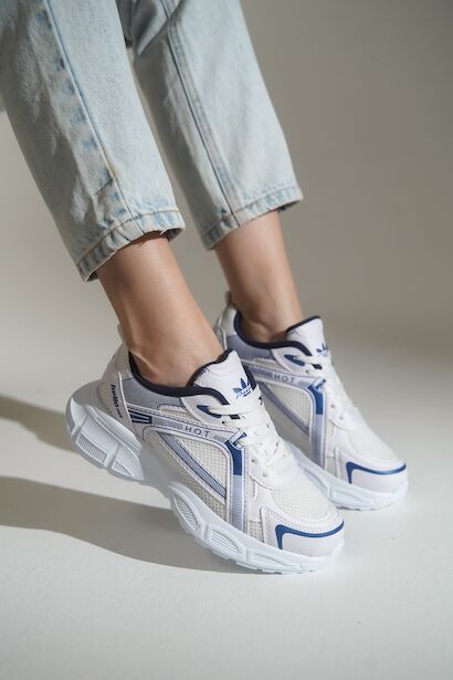 Bağcıklı Kadın Sneaker Spor Ayakkabı  BEYAZ MAVİ