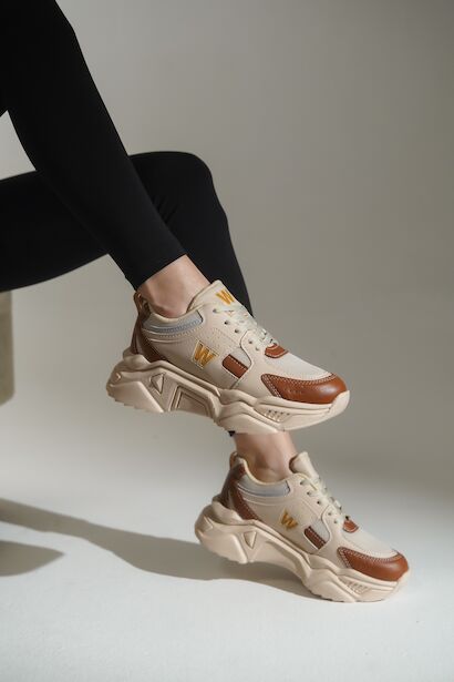 Yüksek Taban Bağcıklı Spor Ayakkabı Kadın Sneaker  Bej