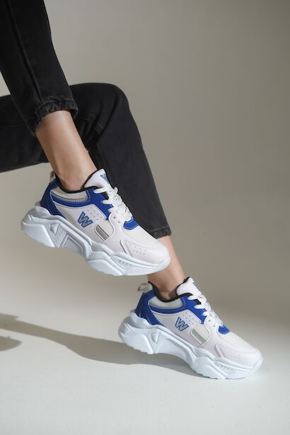 Yüksek Taban Bağcıklı Spor Ayakkabı Kadın Sneaker  BEYAZ MAVİ