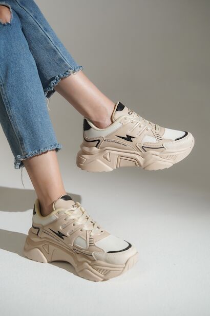 Bağcıklı Yüksek Taban Kadın Sneaker  Bej