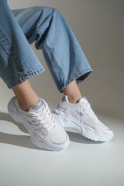 Bağcıklı Yüksek Taban Kadın Sneaker  BEYAZ GÜMÜŞ