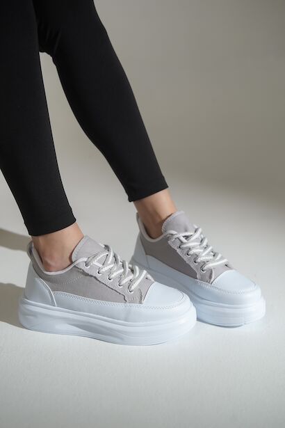 Bağcıklı Keten Spor Ayakkabı Kadın Sneaker  BEYAZ GRİ