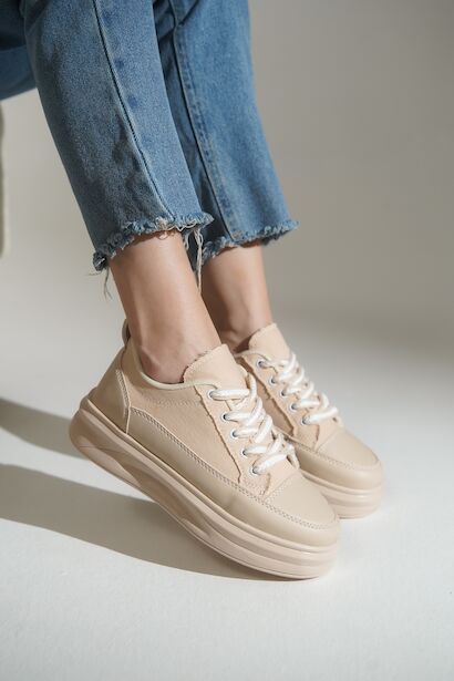 Bağcıklı Keten Spor Ayakkabı Kadın Sneaker  Bej
