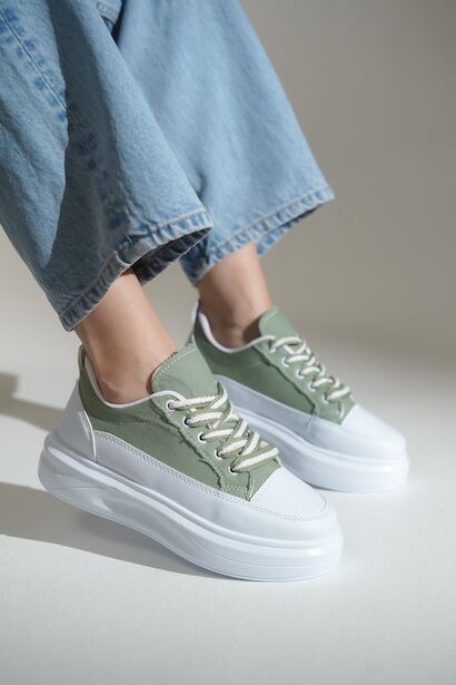 Bağcıklı Keten Spor Ayakkabı Kadın Sneaker  Çağla Yeşili