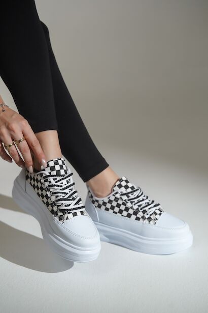 Bağcıklı Keten Spor Ayakkabı Kadın Sneaker  BEYAZ DAMA