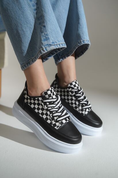 Bağcıklı Keten Spor Ayakkabı Kadın Sneaker  SİYAH DAMA