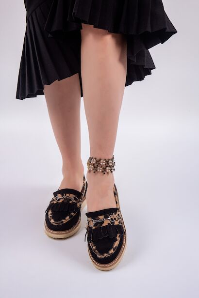 Tokalı Eva Tabanlı Ortopedik Kadın Loafer  Siyah - Taba Leopar