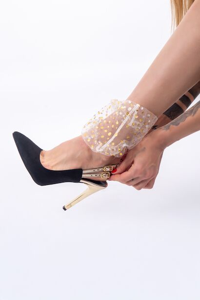 Gold Ince Topuk Süet Stiletto Topuklu Kadın Ayakkabı  Siyah Süet