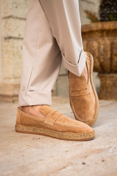 Erkek Hakiki Deri Bej Süet Espadril Loafer  Bej