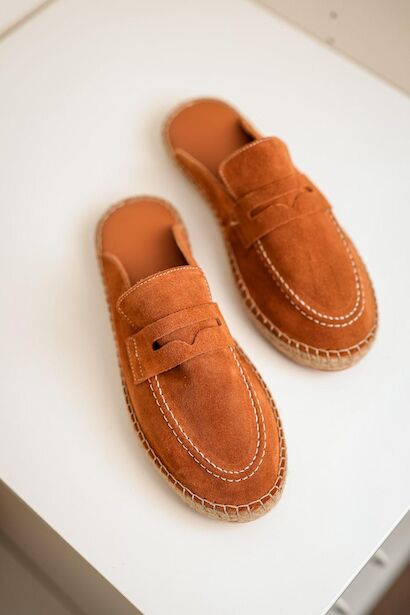 Erkek Hakiki Deri Kauçuk Taban Taba Espadril Terlik  Taba